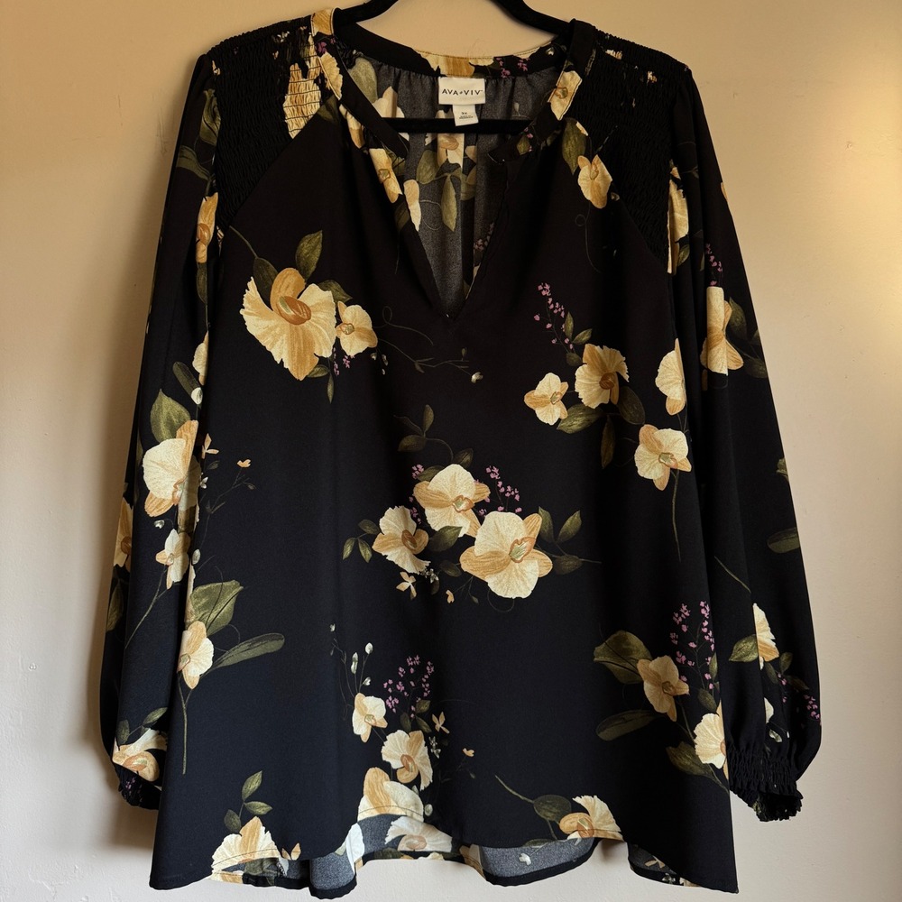 Ava & Viv Blouse Women 3X Black Floral Orchid Smocked V-Neck Balloon Sleeve Top